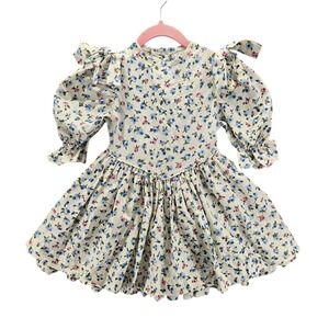 Vtg Little Star Girls Floral Puff Sleeve Dress Bow Blue Pink Cotton USA Easter 4